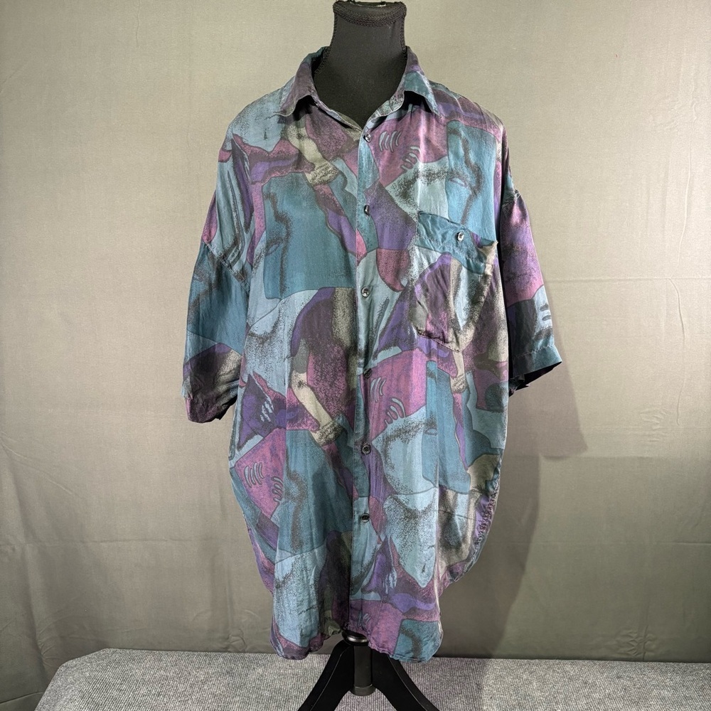 VTG High Advantage Shirt Men M 100% Silk 80s Button Abstract Retro Blue Purple
